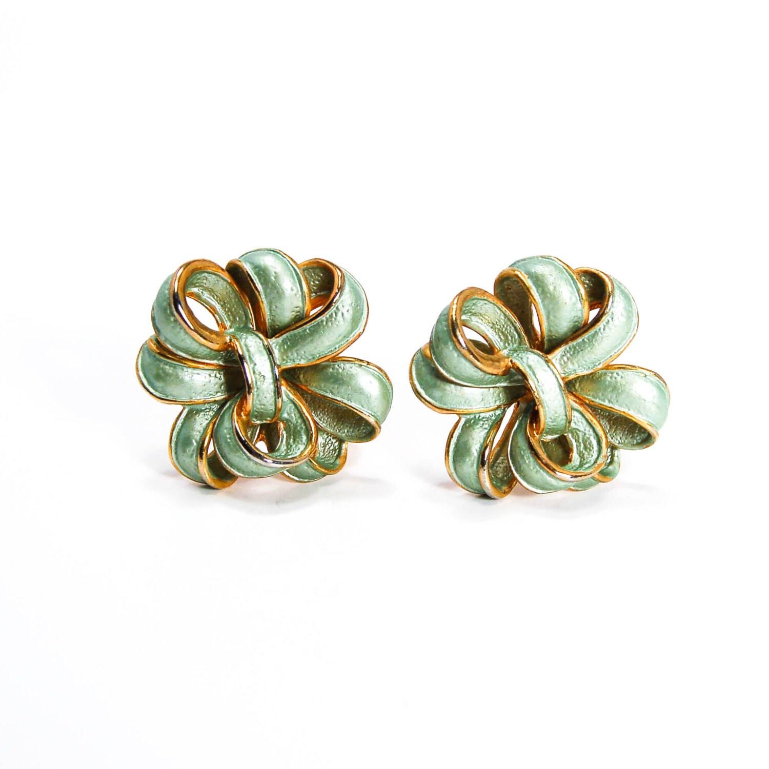 Bow Earrings Green Ribbon Clip On Designer Jewelry