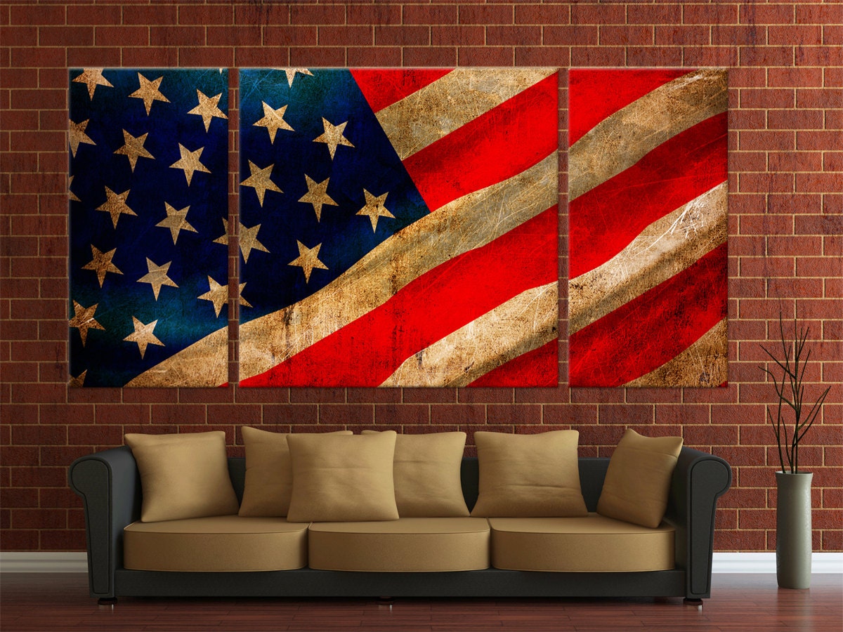 Framed Huge 3 Panel Rustic USA Flag Canvas Print by