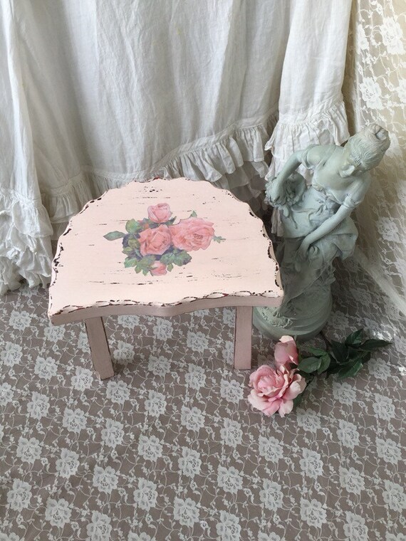 RESERVED Shabby Chic Pink Footstool, Chippy distressed Pink painted wooden stool, Shabby French Farmhouse stool, pink stool, French Pink Ros