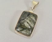 Russian Seraphinite Silver Green Stone Pendant Sterling Silver