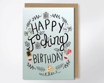 Birthday Card - Happy F-cking Birthday - Adult Greeting Card - Funny Birthday Card - Mature - Funny Greeting Card - Pizza Birthday Card