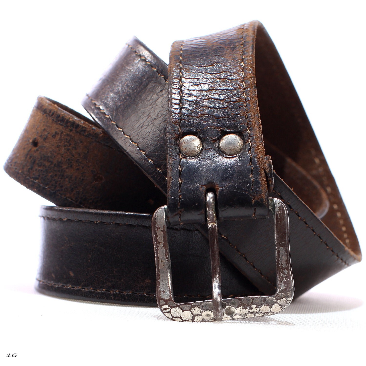 60s Leather Belt . HAMMERED Buckle Distressed Waist Hip Retro Belt
