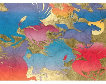 Huit Chevaux Etching by Guillaume Azoulay with Remarque Gold Leaf