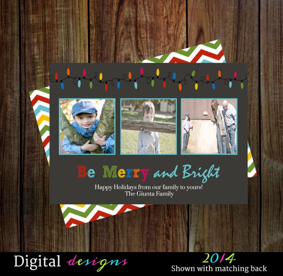 Holidays Chalkboard card 1-3 photos with Christmas lights Merry and Bright printable files Il_570xn