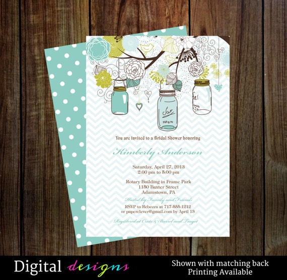 Mason jar chic bridal shower invitations - outdoor bridal shower aqua and lime digital file, printable 206A Il_570xn