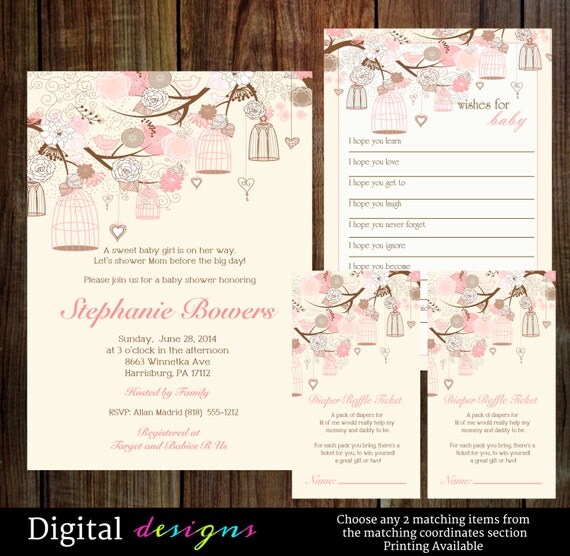 Girls baby shower invitations vintage birdcage yellow and pink -- baby shower bundle digital file, printable NO.730 Il_570xn