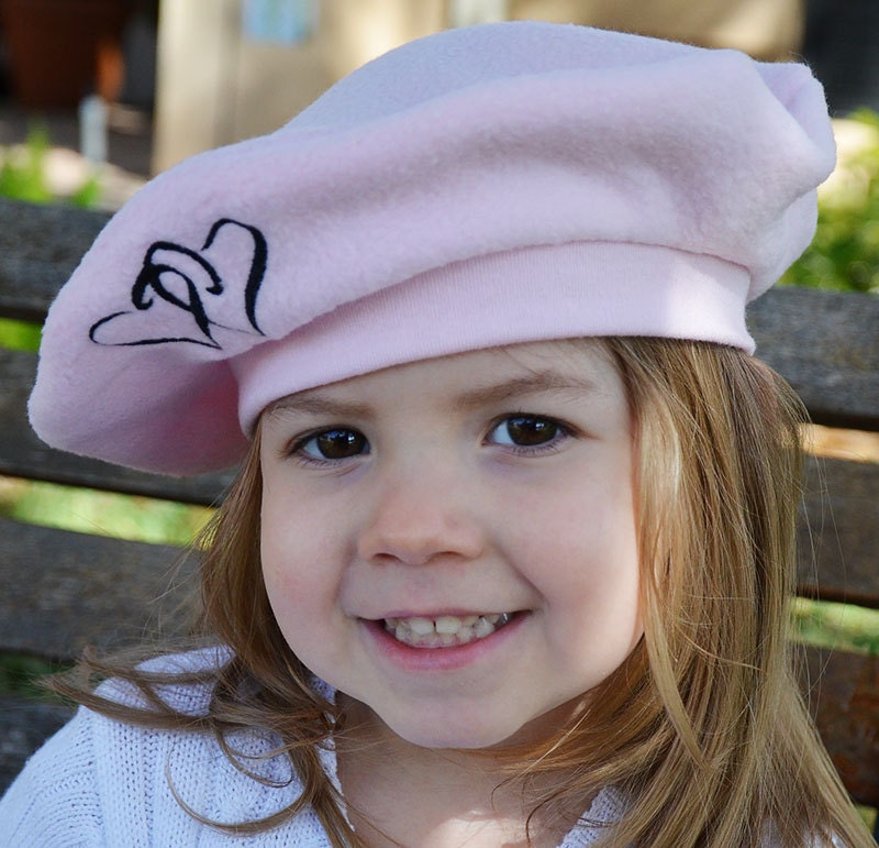 Girls Hat Kids French Beret Double Hearts Machine Embroidery