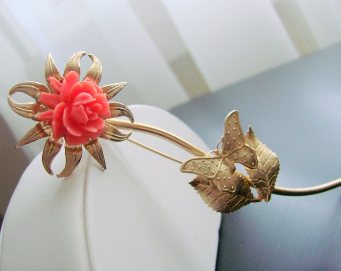 Carved Coral Celluloid Rose Butterfly Brooch / Vintage / Retro / Large / Costume Jewelry / Jewellery