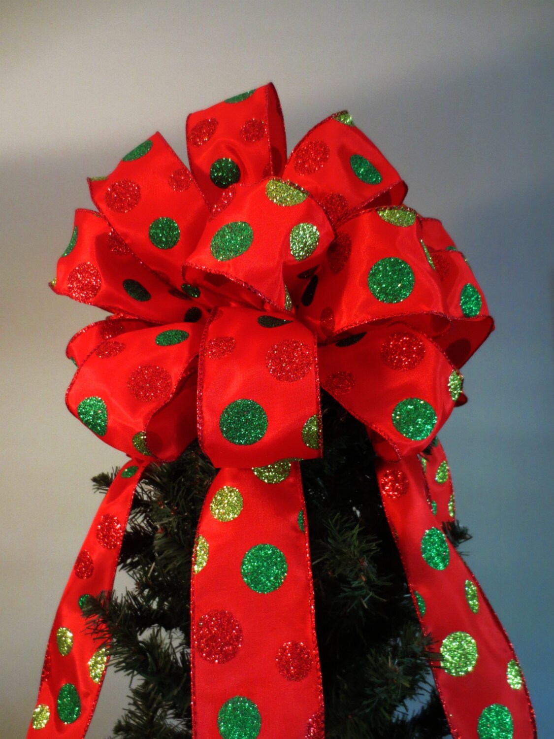 tree topper bow red green polka dot bow christmas bow tree topper bow red green polka dot bow christmas bow