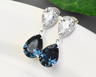 Navy Blue Earrings - Swarovski Earrings - Sapphire Earrings - Bridesmaid Jewelry - Crystal Drop Earrings - Silver Bridesmaids Earrings