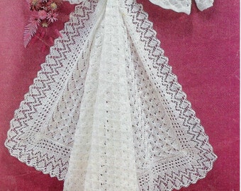 Baby Matinee Jacket and Christening Shawl, instructions for 3ply and 4ply yarn for sizes 17 - 19 ins - PDF of Vintage Knitting Pattern
