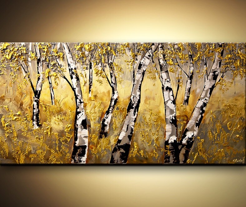 Gold Birch Tree Landscape Painting Heavy Texture Abstract