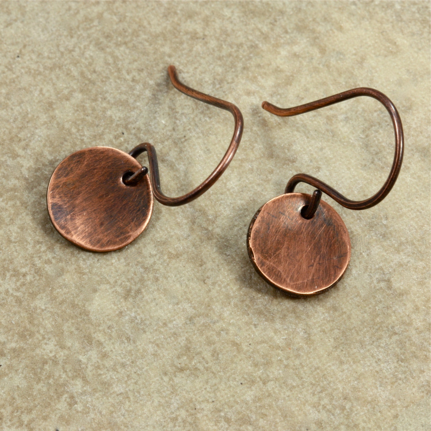 Small Hammered Copper Disc Earrings Aged Copper Hammered