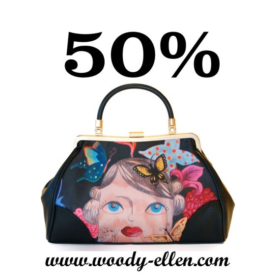 Retro handbag, 'Thoughts', illustrated, butterfly flower theme, retro, rockabilly, pinup