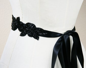 Black Rose Sash, Wedding Sash, Black Bridal Sash, Wedding Belt, Bridal Belt, Black Beaded Sash, Black Sash, Black Belt Silver