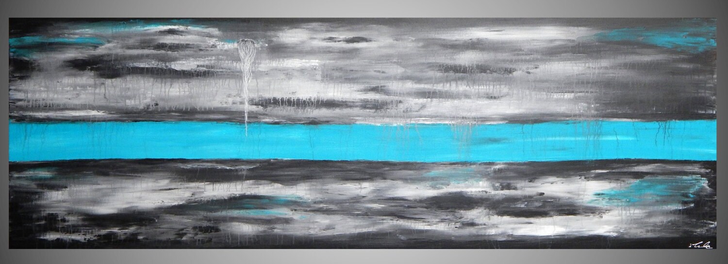 180 x 60 x 4 cm originele moderne abstracte door acrylkreativ Turquoise grijs geschilderd