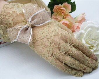 bridal lace gloves ivory chiffon la ce bow vintage style retro floral ...