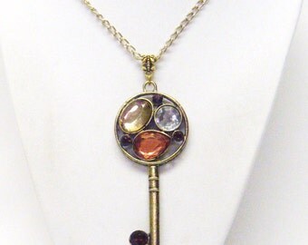 Long Brass Key w/ Rhinestones Pendant Necklace