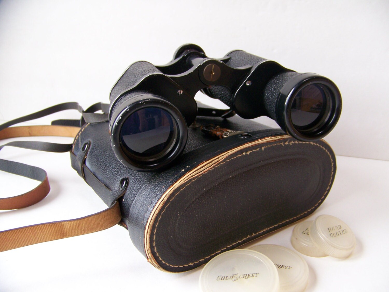 Vintage Black Binoculars with Black Leather Case. Gold Crest