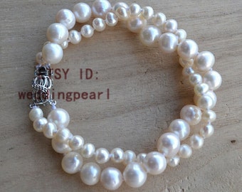 ivory pearl bracelets, 8 inches 5-9mm 2 strands frshewater pearl bracelet , wedding bracelet, bridesmaids bracelet, lady bracelet