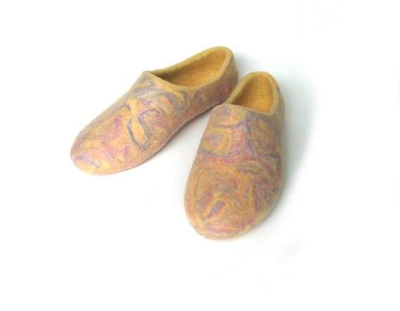 ... Yellow rainbow felted women home slippers Handmade felted yellow