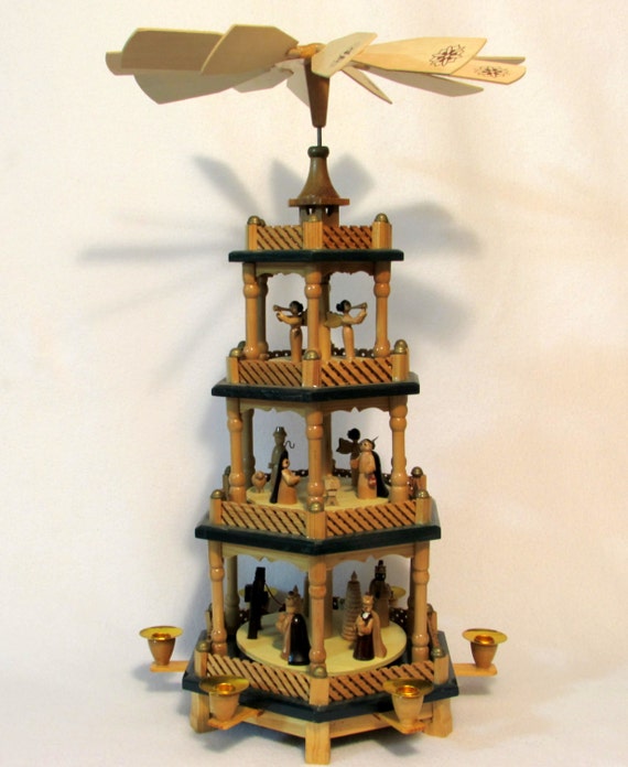 Traditional Four Tier Wooden German Style Nativity Christmas Carousel 