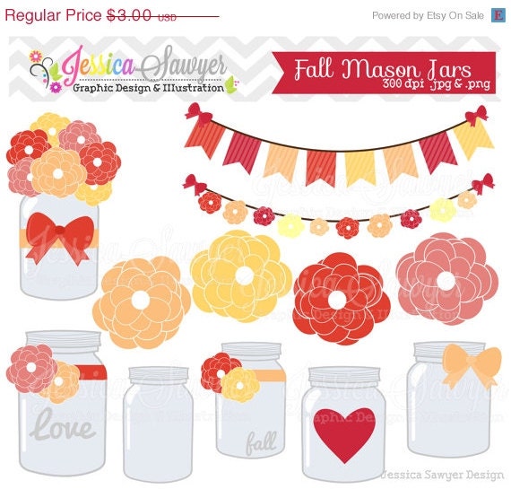 50% OFF- INSTANT DOWNLOAD, fall mason jar clipart - vintage wedding - bunting banner - patterned - commercial use - flower - digital element Il_570xn