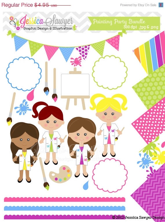 80% OFF - INSTANT DOWNLOAD, painting party clip art and digital paper pack, girls birthday, art clipart, for invites, card making, scrapboo Il_570xn