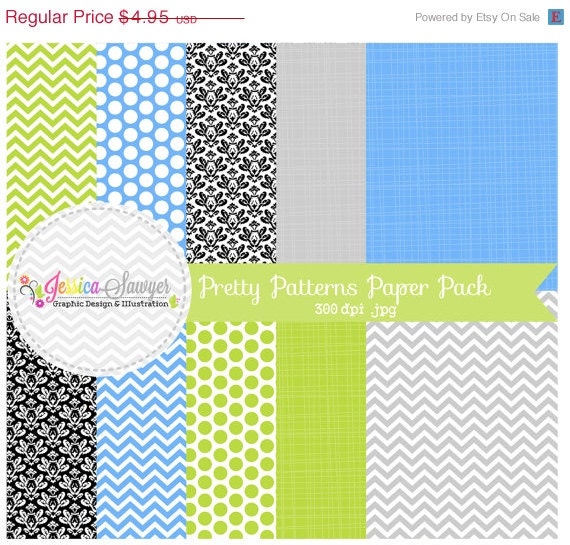 80% OFF - INSTANT DOWNLOAD, pretty patterns digital paper pack - chevron background - damask papers - baby shower - blue, green, grey - pol Il_570xn