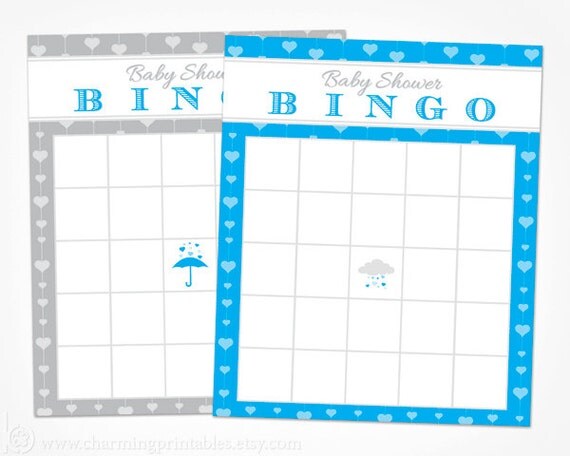 Boy Baby Shower Bingo - INSTANT DOWNLOAD Printable PDF File - Blue and Gray Grey Boy Baby Shower Game Card - Rain Shower Baby Bingo Cards Il_570xn
