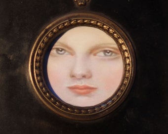 SALE-Sandra Hendler Miniature Original Portrait of a Pale Girl In An Antique Reproduction Ebony & Brass Frame