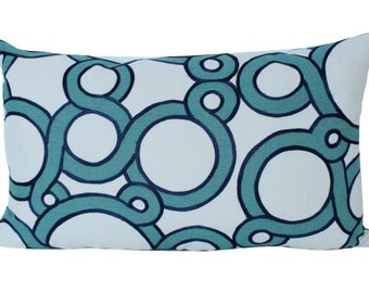 Teal and Blue Conundrum For Schumacher Designer Lumbar Pillow Cover