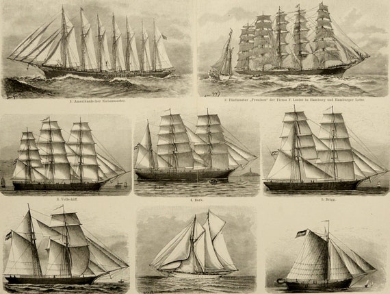 1900 Antique print of SAILING SHIPS different types. 116