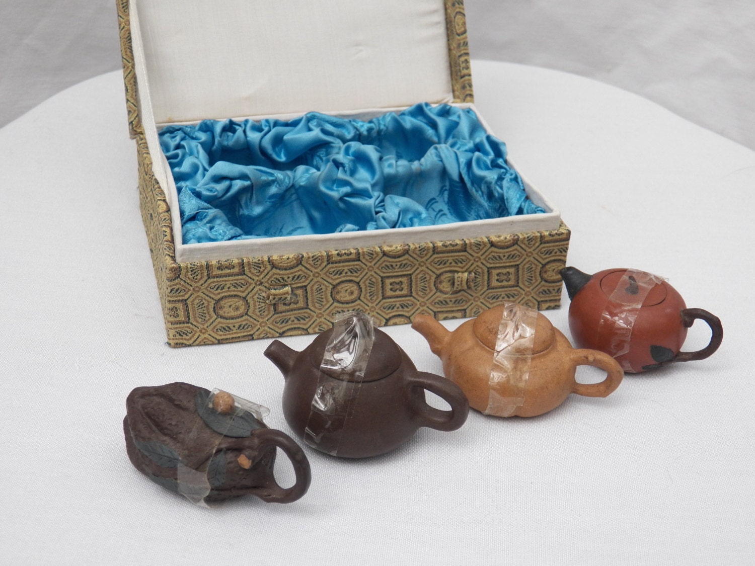 SALE Vintage Set of Miniature Clay Chinese Teapots in Box