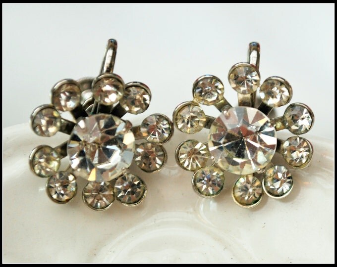 Coro Earrings Clear Rhinestone Flower screw back mid century