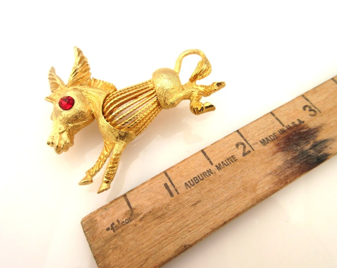 Horse Brooch - gold tone Metal - Red Rhinestone - Donkey pin