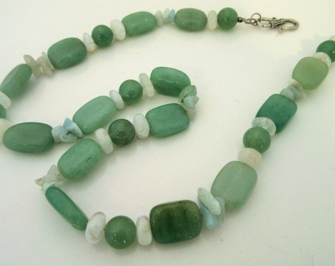 Green Aventine Bead Necklace -polished quartz beads - green and white gemstone