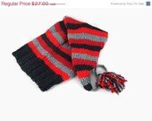 MOTHERS DAY Hand knit black gray red striped stocking cap winter slouchy beanie womens long tail hat with pompom