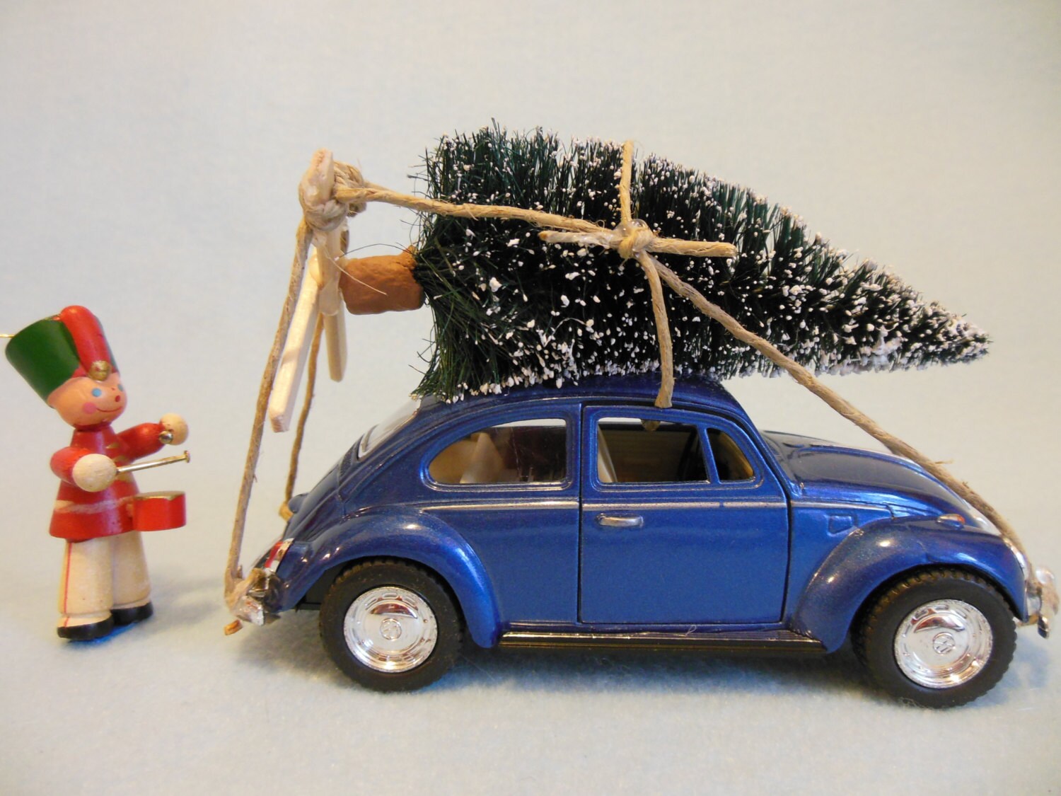 Classic BLUE VW Beetle Bug with CHRISTMAS Tree ~ Toy Christmas Ornament Decoration ~ I'll Be Home For Christmas