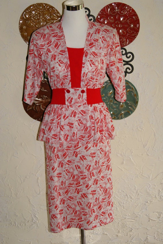 Vintage 1980s KR of NY Red And White Kiss Pattern Dress Peplum Top Size 5 to 6