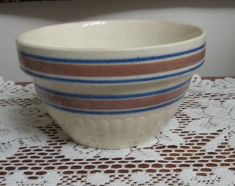 Blue and brown striped yelloware bowl