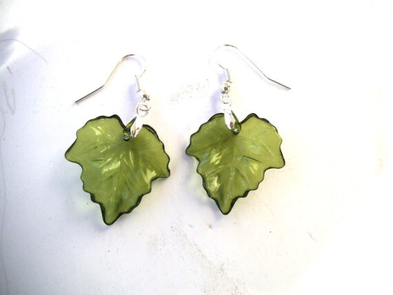 Shiny Green Leaf Dangle Earrings Green by TerriJeansAdornments