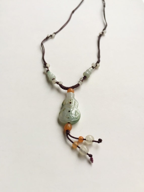 Chinese Jade Stone Gourd Pendant Silk Cord Necklace