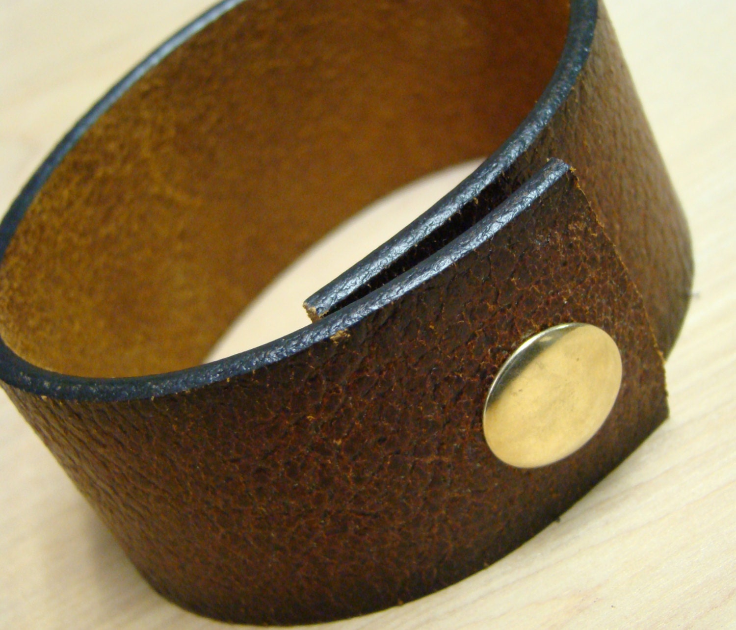 Large Brown Cuff Bracelet Snap Closure Upcycled Leather