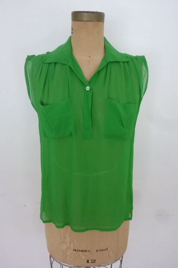 Mod Blouse Sheer Emerald Green Sleeveless Top Made by Franck