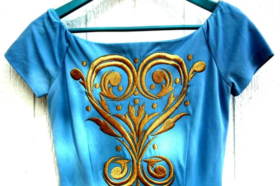 Blue embroidered dress Vintage cobalt gold fancy dressy elegant unique evening party cocktail