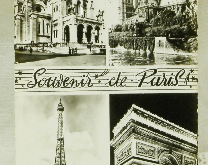 Vintage Mid Century French Black and White Postcard, Eiffel Tower, Sacré Coeur , L'Arc de Triomphe, Notre Dame, Paris / Parisian / Retro
