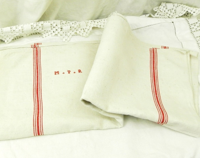 Excellent Condition Large Antique French Ecru Linen Tea Towel with Woven Red Stripes and 3 Small Red Cross Stitch Monogram M T R / Cottage Excellent Condition Large Antique French Ecru Linen Tea Towel with Woven Red Stripes and 3 Small Red Cross Stitch Monogram M T R / Cottage