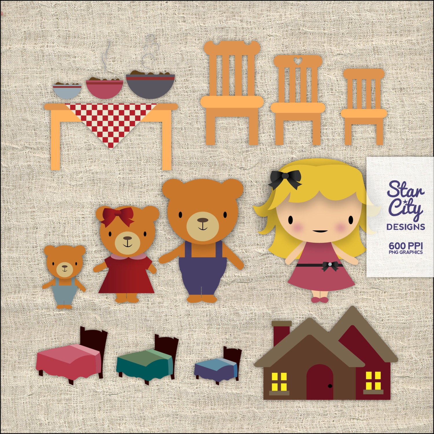 Goldilocks and the three bears Clip Art for by StarCityDesigns