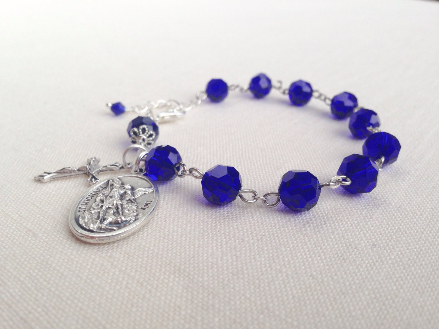 St Michael Dark Blue Cobalt Crystal Catholic by RosaryTreasures210